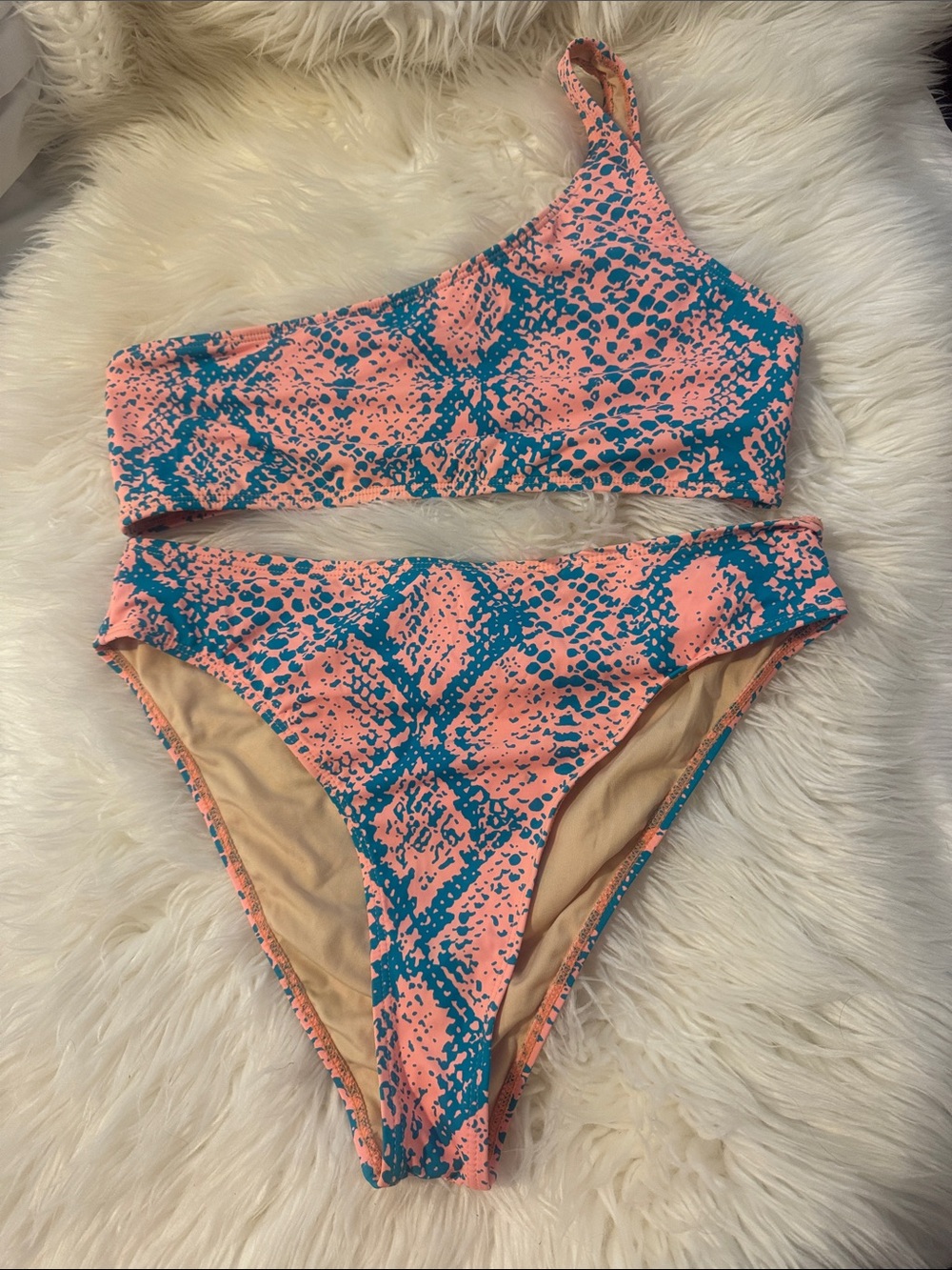 Beach Joy One-Shoulder Coral & Teal Snake Print Bikini
